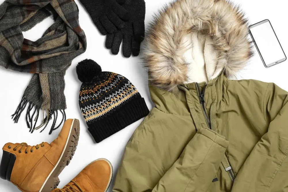Winter jacket, gloves, boots, and a scarf laid on a white backdrop